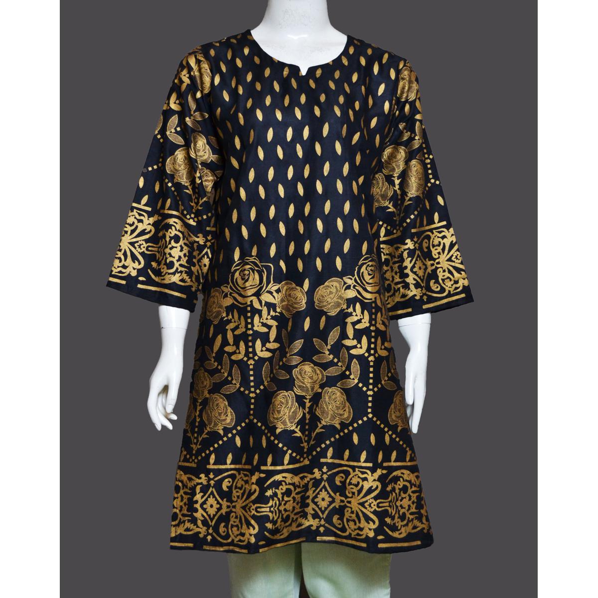 Black Linen Stitched Kurti with golden print with black tight for girls & Women