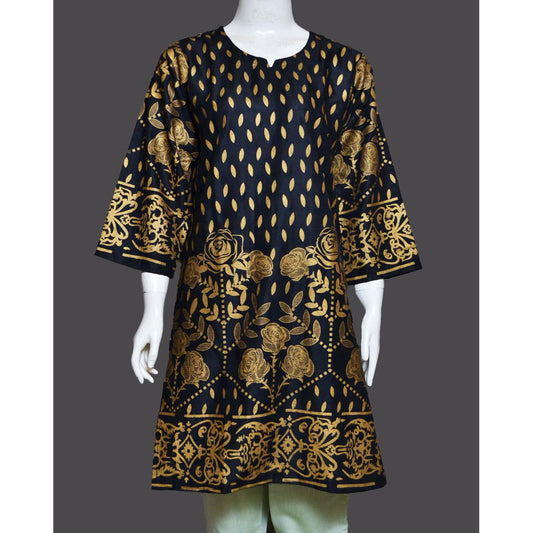 Black Linen Stitched Kurti with golden print with black tight for girls & Women