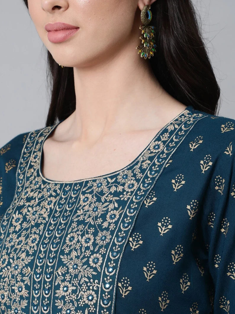Anarkali Kurta Set Navy Blue Motifs Embroidered Kurta Pant With Dupatta Set - Ethnic Wear Women - Indian Dress - Indian Tunic - Kurta Set