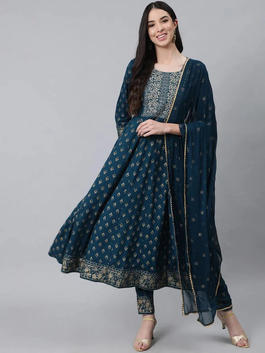 Anarkali Kurta Set Navy Blue Motifs Embroidered Kurta Pant With Dupatta Set - Ethnic Wear Women - Indian Dress - Indian Tunic - Kurta Set